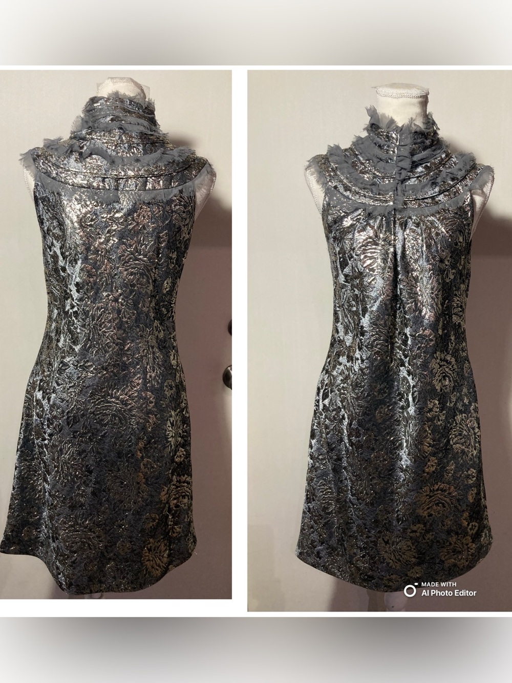 Monique Lhuillier High Neck Lace Embossed Metallic Mini Sheath Dress Small
